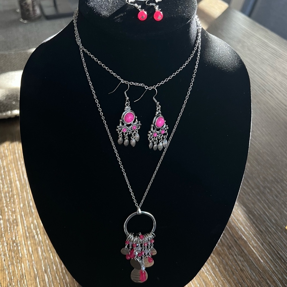 Y2K Necklace and Earrings Set, Silver tone and hot pink stones